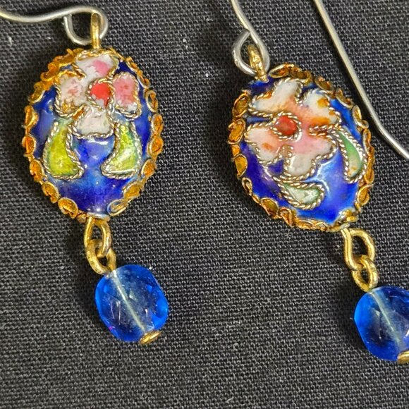 Cloisonne Enamel Floral Dangle Earrings Blue Bead Drop Handmade Boho 1.5" - Picture 4 of 6